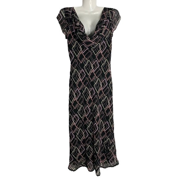 Vintage Y2K BCBG Silk Sheath Dress 2 Black Geometric Cowl Neck Midi Lined - Picture 1 of 5